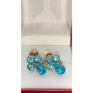Vintage 50’s Vargas Blue Rhinestone Screw Back Earrings Glow Under UV Light